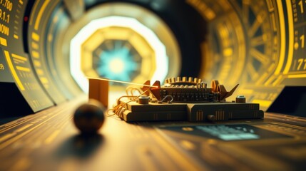 Obraz premium Futuristic interior. Complex machinery dominates foreground. Bright light emanates from distant circular portal. Warm tones, detailed textures present.