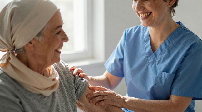 Caring nurse comforting smiling senior cancer patient in hospital