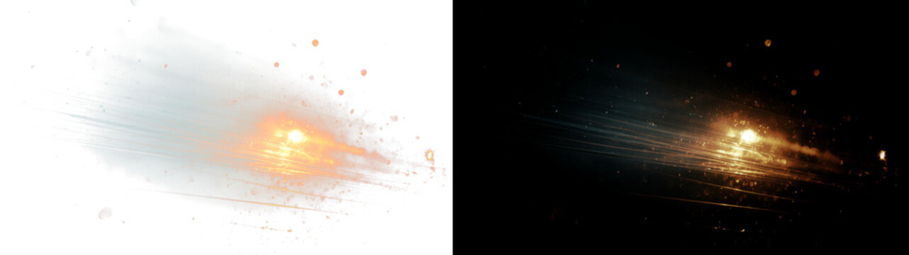 Fiery explosion of golden particles and flying sparks isolated on transparent background bg.