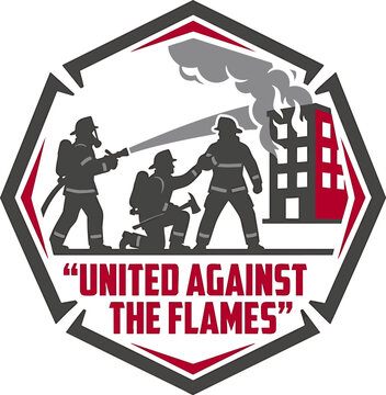 Firefighter team emblem with text united against the flames, vector illustration of firemen fighting a burning building fire, emergency service badge design