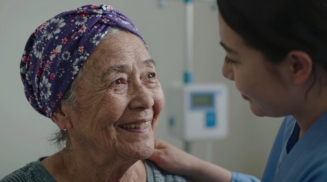 Caring nurse comforting smiling senior cancer patient in hospital
