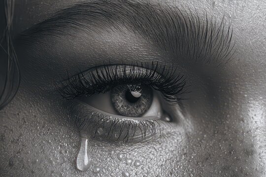 Close-up extreme macro shot of a human eye with a tear rolling down, showing skin texture and sweat droplets.