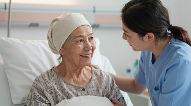 Caring nurse comforting smiling senior cancer patient in hospital