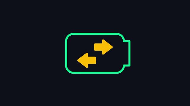 A green outlined icon of a battery with two horizontal arrows, indicating a battery swap, replacement, or reversible charge function