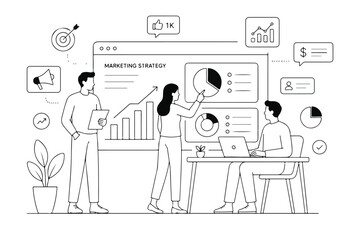 Fototapeta premium Marketing strategy business illustration, professional team analyzing data charts on dashboard, corporate digital growth and financial planning vector