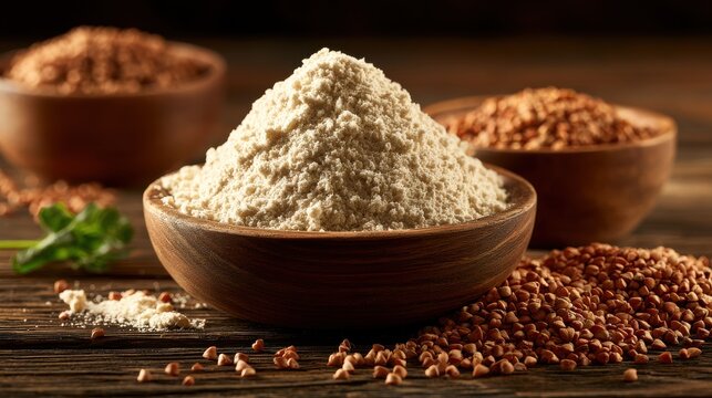 Bowl of buckwheat flour and whole groats on a wooden table