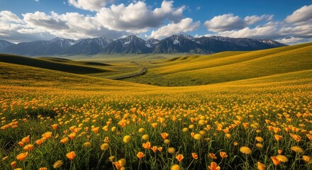 Fototapeta premium Vibrant wildflower meadow in front of majestic mountain range