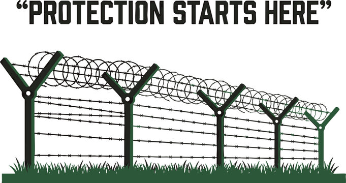 Security fence with barbed wire illustration, vector design of a perimeter barrier for protection and safety, industrial fencing concept isolated on white background