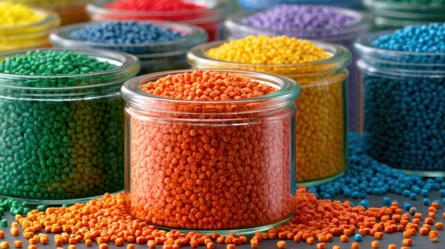 Colorful plastic pellets in glass jars and scattered on a dark surface, vibrant industrial material