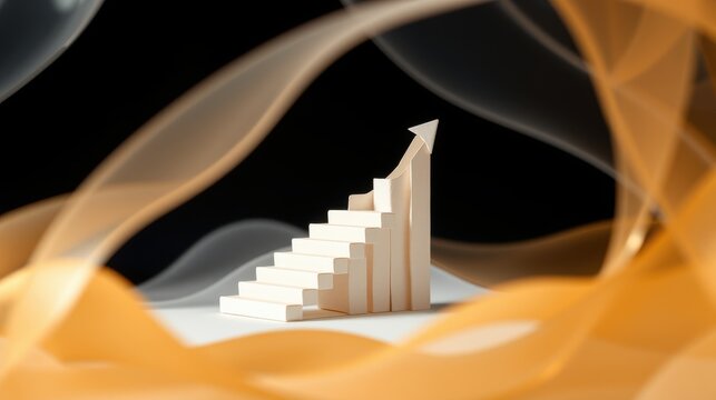 Staircase represents growth, success. Beige blocks ascend against dark backdrop, framed by fluid shapes. Positive momentum visualized.