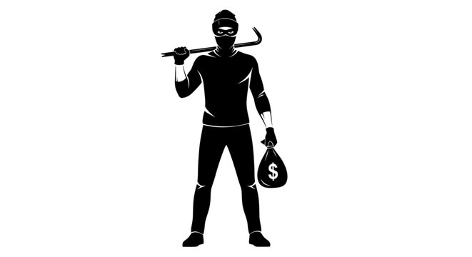 Burglar with Crowbar and Money Bag, Criminal Activity Icon
