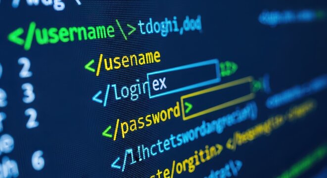 Close-up of Computer Programming Code with Username and Password Tags for Cybersecurity and Web Development Concept