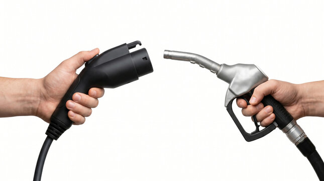 Concept of choosing electric vehicle over fossil fuel with close-up of hands holding EV car charger and petrol fueling gun facing each other, transition to clean transport and sustainable energy