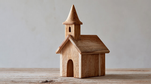 Miniature wooden church model standing on table surface, plain beige wall background