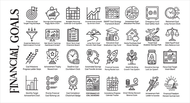 Financial goals icon set savings investment retirement debt management and planning visuals