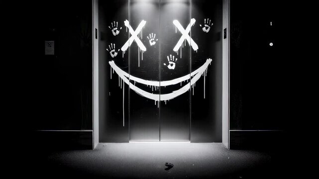 Creepy elevator with white graffiti of evil face and handprint for night horror. Scary Halloween decor in building corridor. Dark suspenseful style thriller scene.