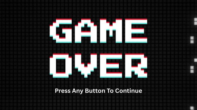 Game Over Screen with Glitch Effect, Retro Pixelated Text and Prompt to Continue