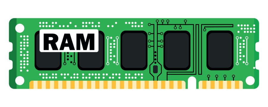 A clean flat vector illustration of a green RAM computer memory module stick with black microchips