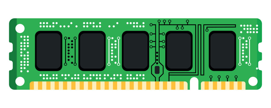 A clean flat vector illustration of a green RAM computer memory module stick with black microchips