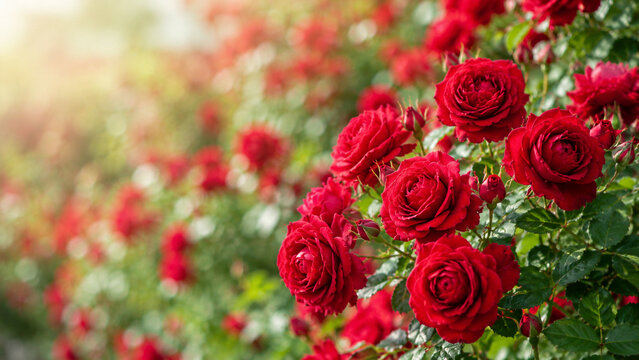 Vivid red garden roses blooming in golden sunlight with soft bokeh and romantic floral nature background