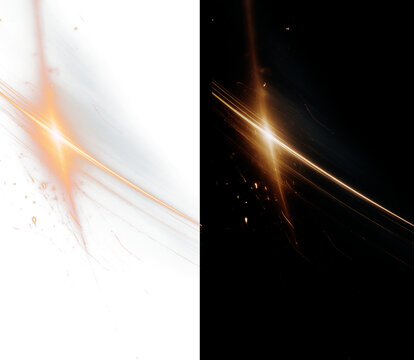 Cinematic golden light streak with flying sparks and glowing flare on transparent background.