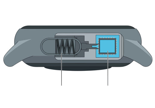 Close-up of smartwatch fall detection hardware. Detailed illustration showcases accelerometer chip and active button springs. Modern, technical blueprint design.