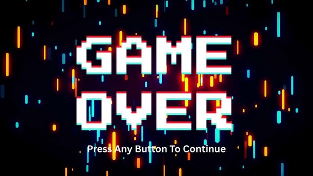 Glitchy Retro Game Over Screen with Pixelated Text and "Press Any Button To Continue" Message