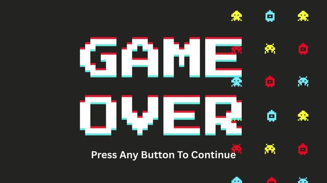 Pixelated Game Over Screen with Retro Invaders and a Prompt to Press Any Button to Continue