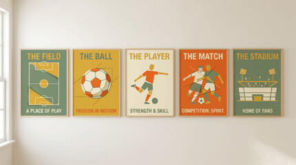 Set of retro soccer wall art posters, vintage football aesthetic collection, minimalist sports graphic design, interior decor for football fans © Colourfull