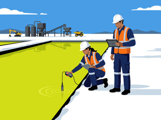 Two professionals inspect brine quality at a lithium mine site. They use a handheld device, showcasing industrial monitoring and quality control. Bright, clear, and professional. © Vector Factory