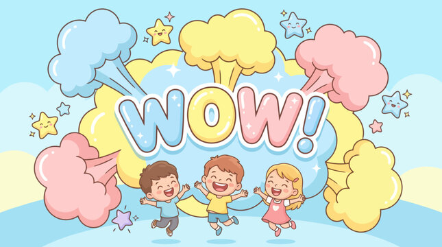 Vibrant Cartoon Illustration Capturing the Pure Joy and Astonishment of Happy Children Exclaiming 'WOW!' in a Cheerful Scene