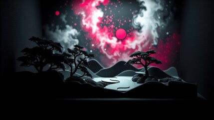 Fototapeta premium Dramatic papercraft landscape. Silhouetted trees frame vibrant pink sky, moon glows amidst swirling clouds. Minimalist, moody aesthetic.