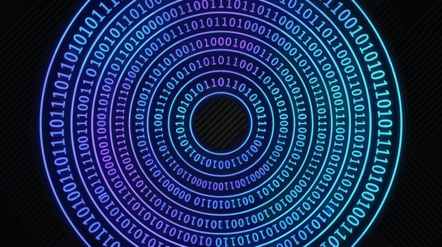 Futuristic abstract design showcasing interconnected binary code rings, symbolizing global data networks and the intricate world of digital information technology