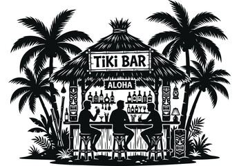 Tiki Bar Silhouette With Palm Trees And Tropical Foliage © Vector Hub24