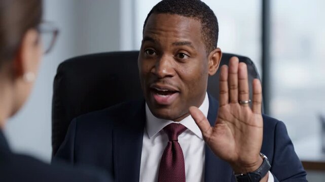 Businessman office meeting gesture communication discussion negotiation conflict stop handshake, executive manager suit raising hand, serious argument pointing, corporate interview desk conversation