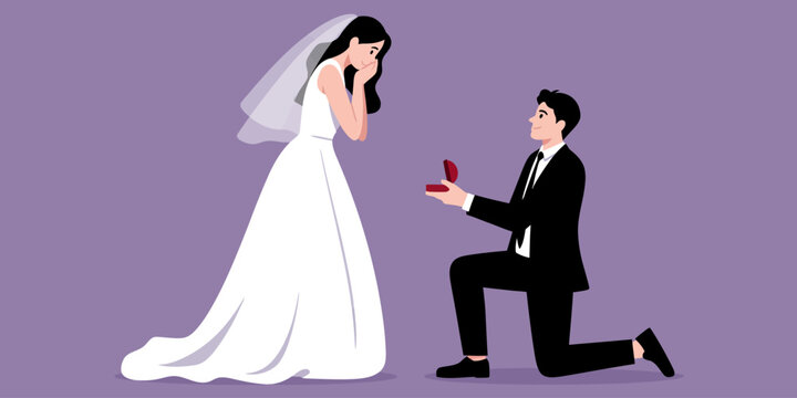 Cartoon flat style drawing man kneeling holding engagement ring proposing woman marry him marriage with wedding dress, man proposing to woman romantic moment silhouette. Guy on knees proposing beauty.
