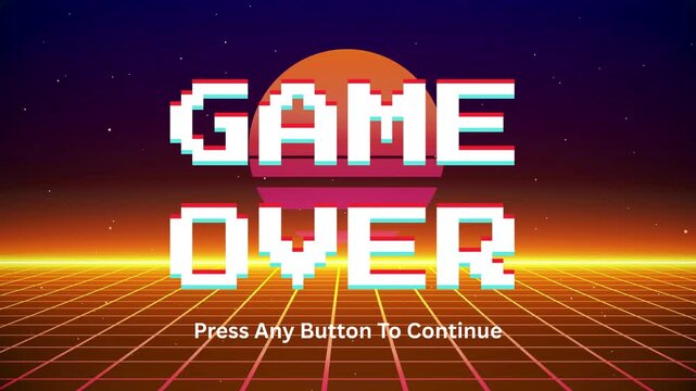 Retro 80s Style Game Over Screen with Glitchy Text and Neon Grid Landscape