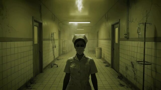 Creepy nurse walking through dark abandoned hospital hallway. Ghostly woman in medical uniform portrait for Halloween horror theme. Cinematic spooky clinic scene.