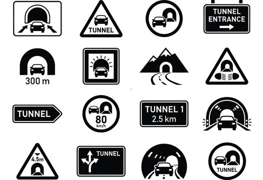 Tunnel warning signs black vector icons on a white background