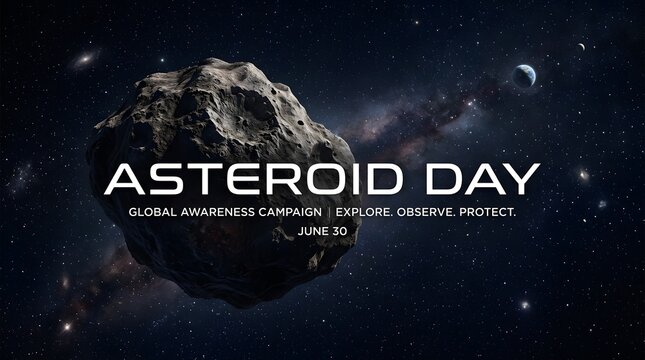 Asteroid floating in deep space with asteroid day typography and global awareness messaging for science education and awareness campaigns