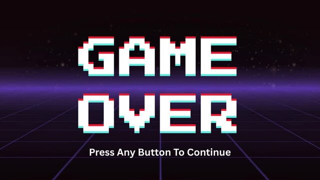 Pixelated retro game over screen with glitch effect and futuristic purple grid background
