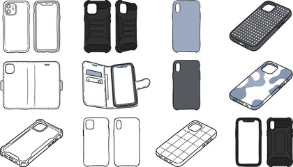 Smartphone Case Types and Designs Set Featuring Clear Slim Armor Wallet Folio Camouflage Grid and Polka Dot Phone Cover Vectors Illustration © Raihan1971
