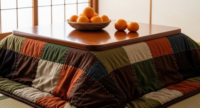 Traditional Japanese Kotatsu Heated Table with Mikan Oranges and Patchwork Quilt in a Cozy Home Interior
