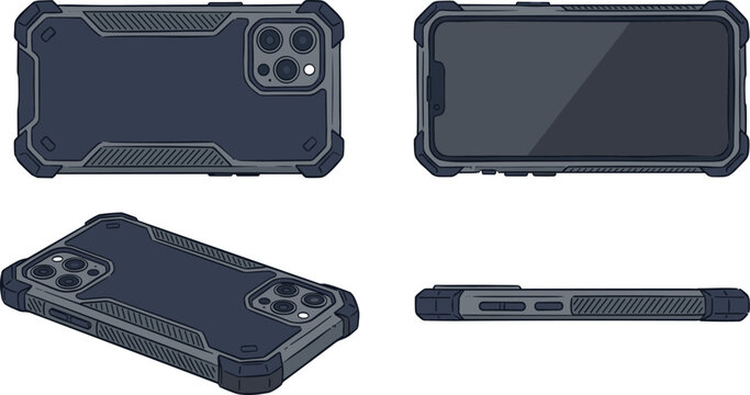 Heavy Duty Rugged Smartphone Armor Case Set from Different Angles Showing Front Screen Back Panel Side Profile and Perspective Views Vector Illustration
