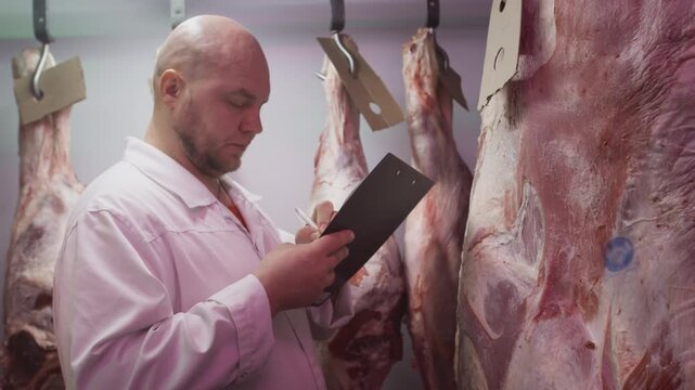 Production control man supervisor inspects, controls beef, production line of raw meat factory in industrial cold room storage refrigerator. Quality control. Male inspector checks freshness of meat