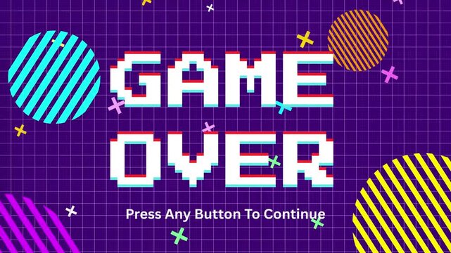 Vibrant retro pixel art 'Game Over' screen, evoking classic arcade gaming nostalgia with dynamic glitch effects and geometric shapes on a purple grid