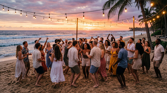 Group of happy diverse young people dancing and partying on a sandy beach during sunset