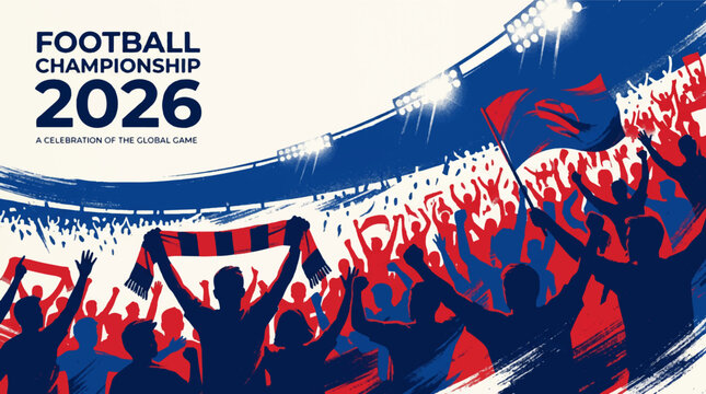 Football championship 2026 banner, stadium crowd cheering with flags, vibrant sports event poster, excited fans celebrating global game background design