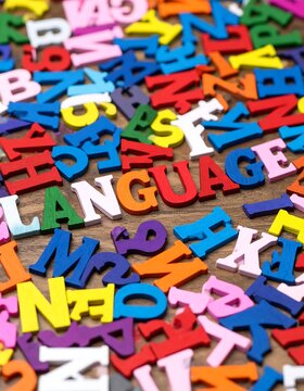 Colorful wooden alphabet letters, scattered, with the word "LANGUAGE" prominent