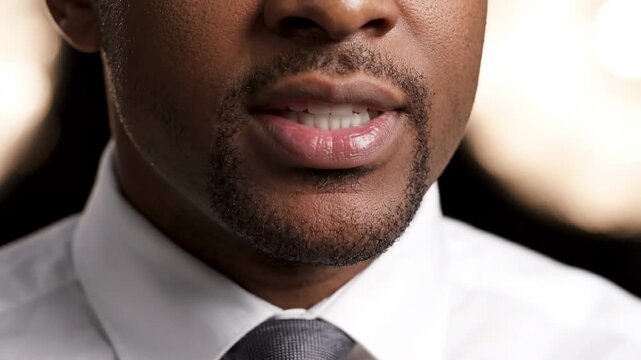 Man mouth lips beard business tie close up speaking serious expression, cropped African man face white shirt and tie, open mouth communication concept, studio light, shallow depth of field